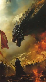 Armored warrior confronts a colossal dragon amid fiery battle