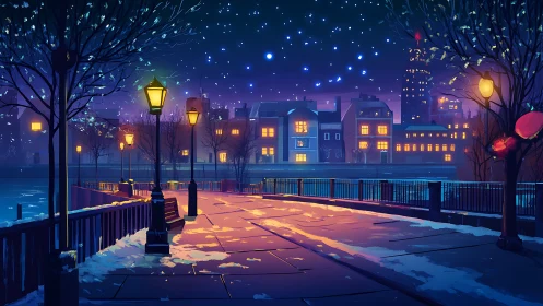 Snowy riverside city street under glowing night sky.