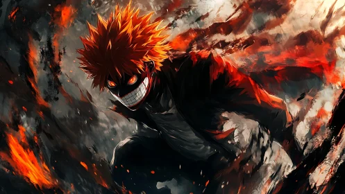 Masked figure advances through abstract red and black flames