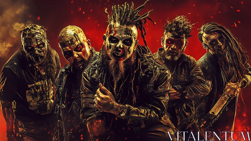 Metal band in post‑apocalyptic makeup under red lighting.
