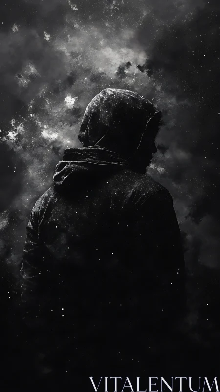 Hooded human silhouette dissolving into monochrome cosmic dust