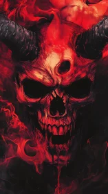 Horned demonic skull in red smoke with high contrast lighting.