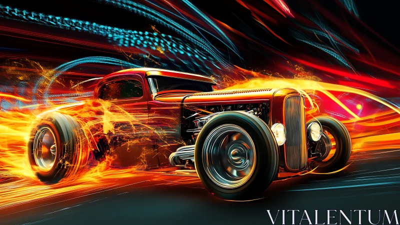 Flaming hot rod tears through neon-lit cyber highway at speed.