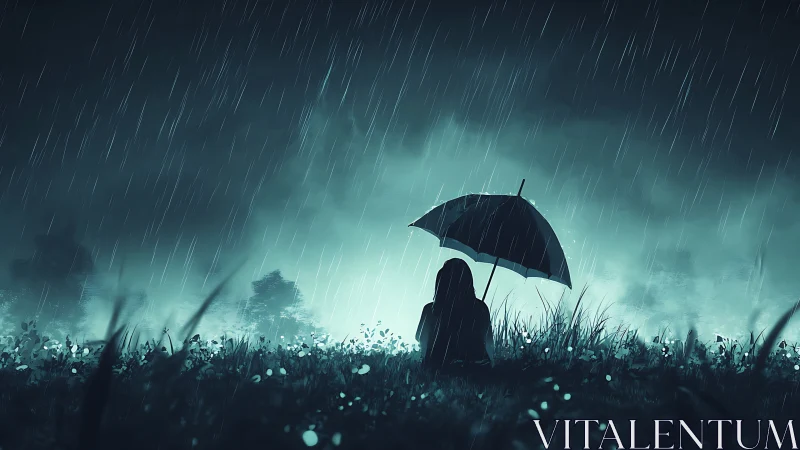 Backlit solitary figure under umbrella in high-contrast night rain