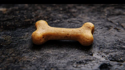 Cinematic closeup of dog bone biscuit on textured stone ground.