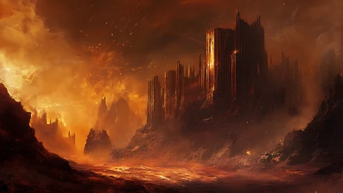 Towering infernal citadels rise over a blazing volcanic wasteland