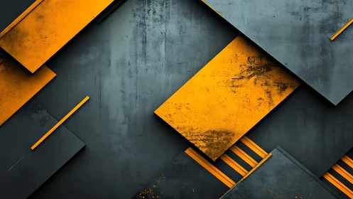 Rust-touched amber panels collide on charcoal geometry.