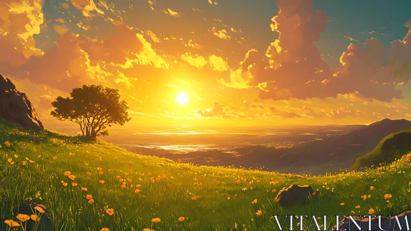 Sunlit hillside landscape shows tree silhouette at sunset