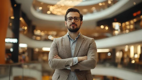 Confident professional standing tall in a glowing modern mall.