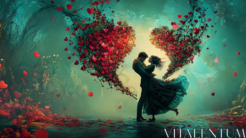 Couple dancing among floating red hearts in ethereal turquoise realm.