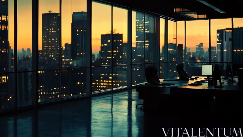 Twilight Urban Panorama: High-Rise Office Interior at Dusk.