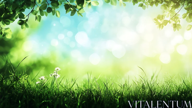 Macro meadow foreground with bokeh-structured luminous canopy.