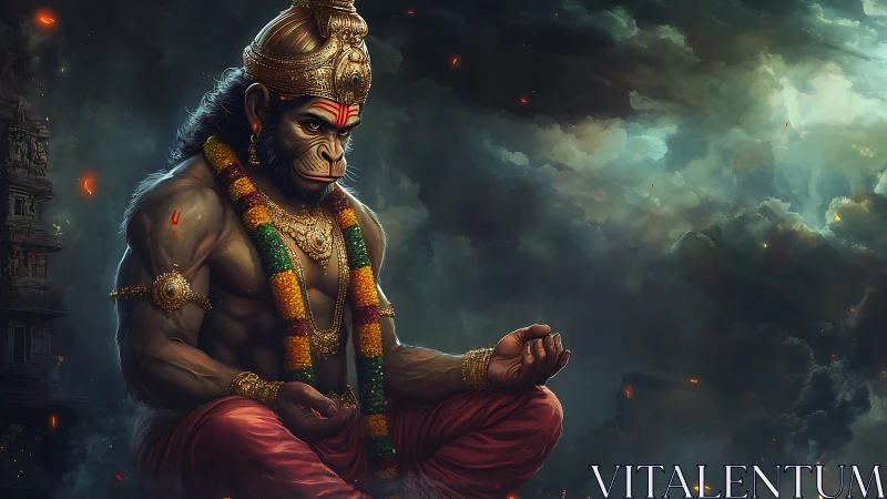Hanuman-like divine warrior meditates in stormy clouds