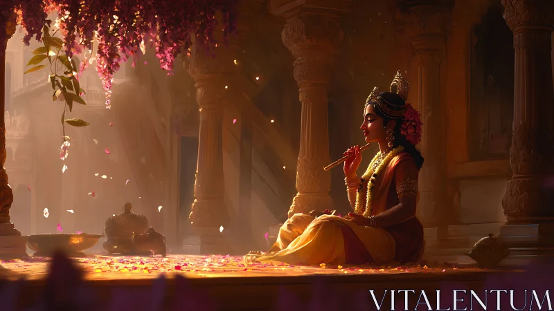 Hindu goddess figure plays flute in sunlit temple hall.