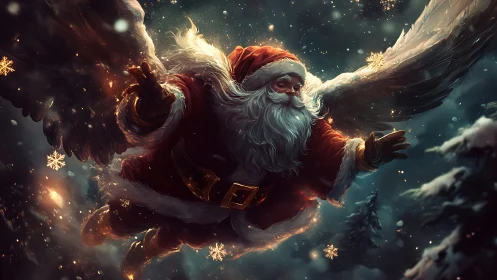 Winged Santa glides through luminous snowstorm night sky.