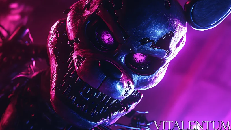 Metallic rabbit animatronic head is lit by magenta light