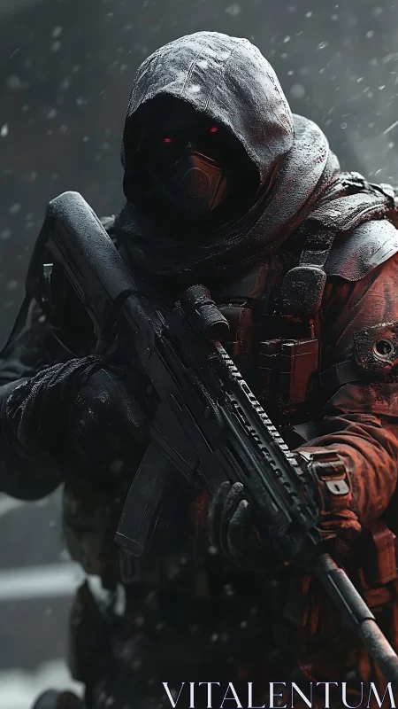 Armored sniper advances through blizzard with red-lit visor