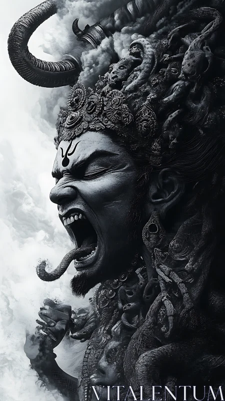 Mythic wrath deity portrait in monochrome digital chiaroscuro.