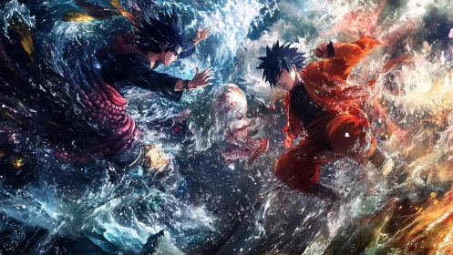 Dynamic anime duel renders elemental water and fire clash