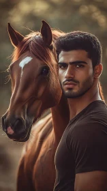 Man and horse share a serene bond in golden evening light