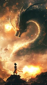 Fiery sky dragon coils above a lone warrior’s daring stand