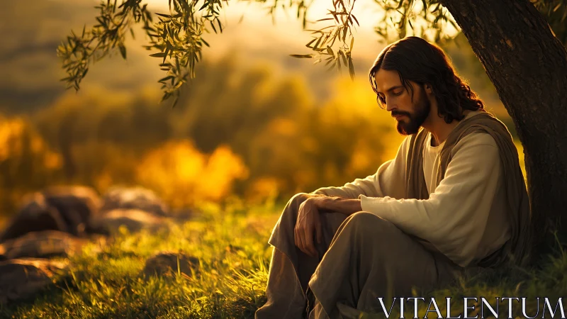 Contemplative robed figure resting under sunlit olive tree.