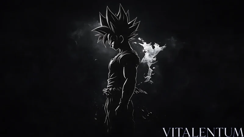 Silhouetted anime warrior glowing in stark monochrome light.