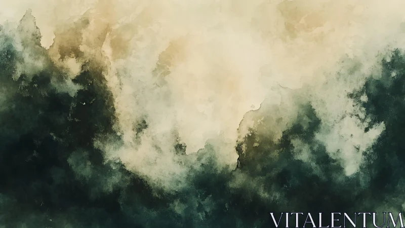 Abstract watercolor cloudscape in dark green and beige tones.
