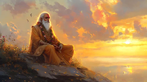 Sunset sage in saffron robes cradling the quiet horizon.