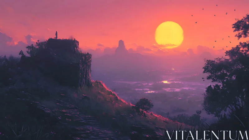 Solitary wanderer gazes over a glowing violet sunset valley