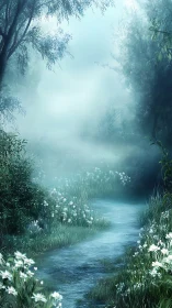 Mist-covered forest stream winds through dense foliage