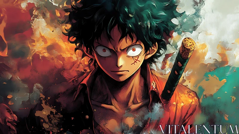 Intense anime swordsman amid blazing abstract smoke storm.