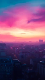 Neon dusk above misty city blocks in magenta haze.