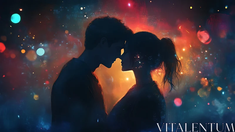 Silhouetted Couple Kissing Against Luminous Bokeh Cityscape.