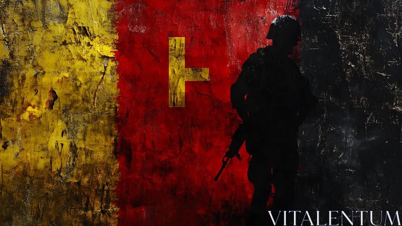 Bold soldier silhouette stands against gritty tricolor wall
