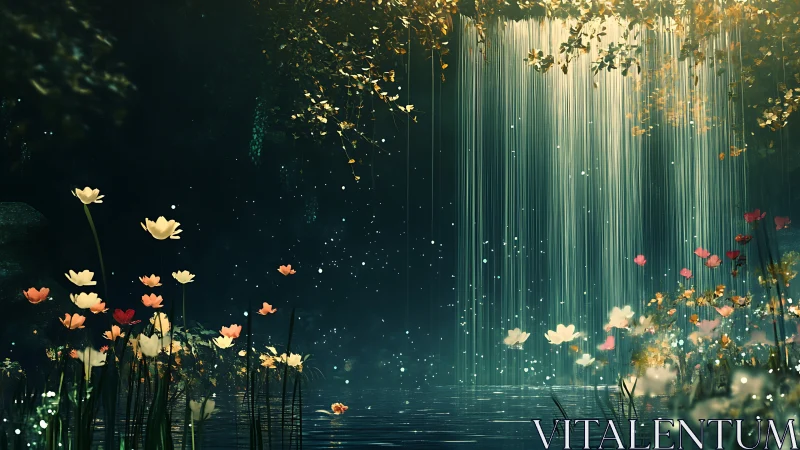 Whisperlit waterfall garden where floating blossoms dream.