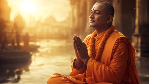 Serene monk meditates by sacred river at golden sunrise