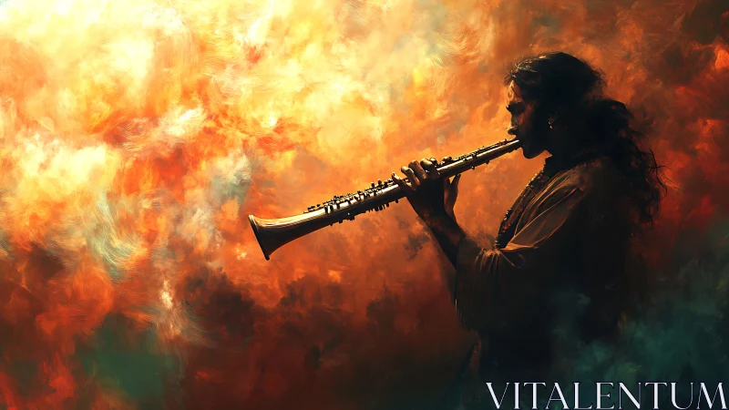 Side-profile musician plays wind instrument amid diffuse clouds