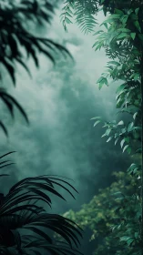 Jungle Foliage in Mist: Verdant Ferns and Leafy Canopy Detail.