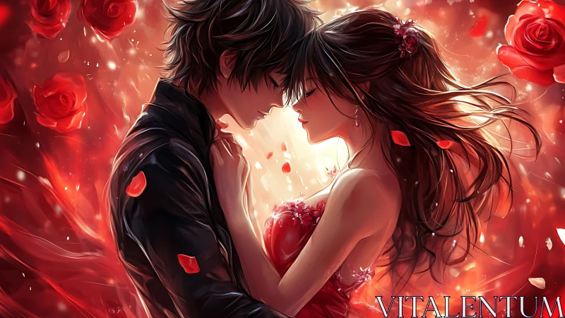 Romantic Anime Kiss Illuminated by Glowing Red Roses.