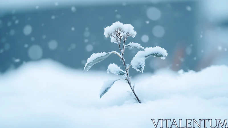 Snow-laden seedling framed by soft winter bokeh field.