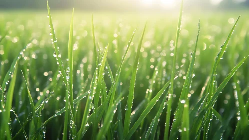 Morning dew drops on fresh green grass blades in sunlight.