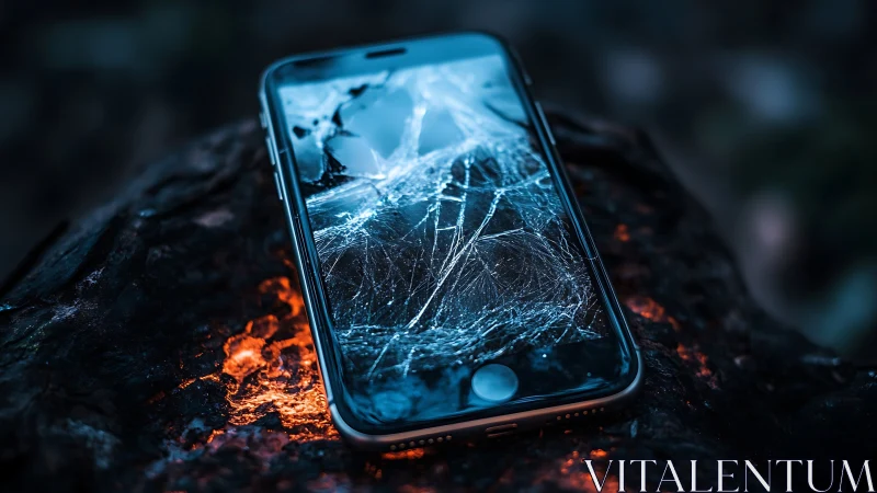 Fractured smartphone glass on scorched rock with bokeh glow.