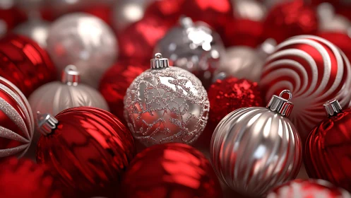 Red and silver Christmas ornaments in close clustered view.