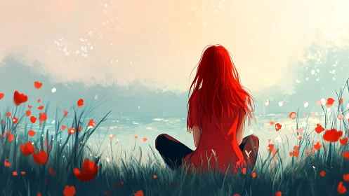 Figure with red hair seated by lake amid red flowers.
