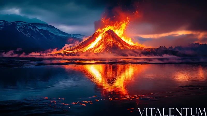 Volcanic eruption with lava fountain against night sky and water