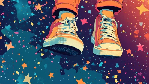 Colorful sneakers float through a dreamy star-filled sky.