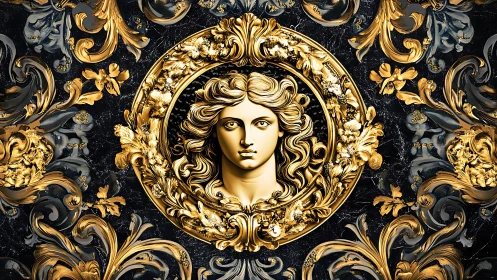 Baroque golden medallion portrait with ornate floral reliefs.