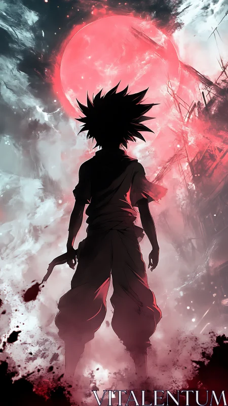 Lone anime hero beneath a blazing crimson moonrise.