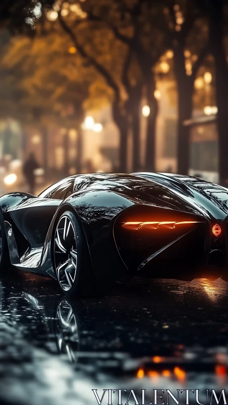 Photorealistic supercar on wet city boulevard at dusk.